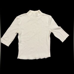 ZARA Ribbed Mock Neck Top Womens Ivory 3/4 Sleeve Stretch Knit Medium